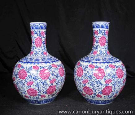 Pair Chinese Porcelain Urns - Famille Rose Vases Baluster Form